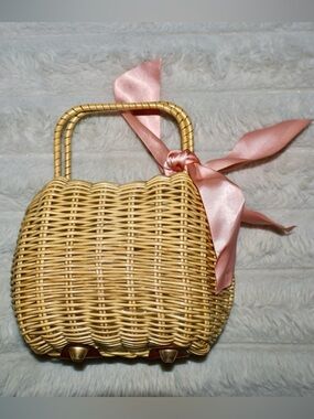 Woven Rattan Handbag with Pink Satin Bow / Soft Girl Aesthetic/ Cottagecore